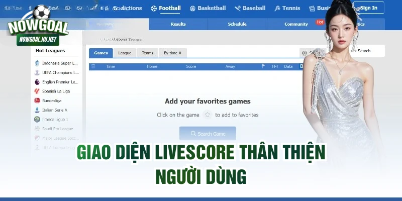 Giao diện livescore thân thiện người dùng